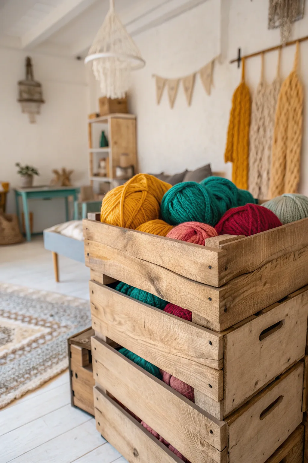 Transform your creative space with charming, rustic wooden crates for a stylish yarn storage solution.