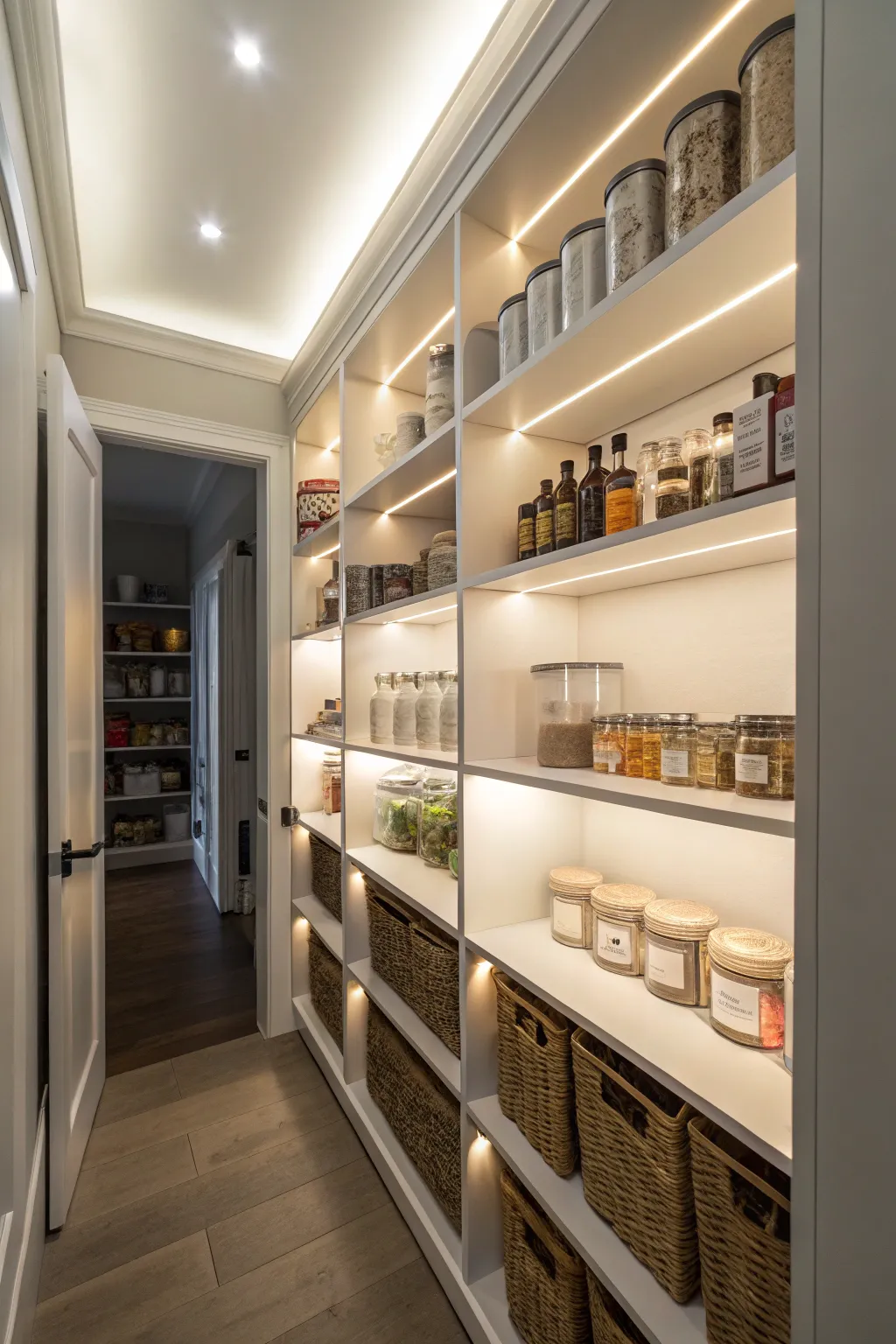 Built-in lighting enhancing the visibility and ambiance of an L-shaped pantry.