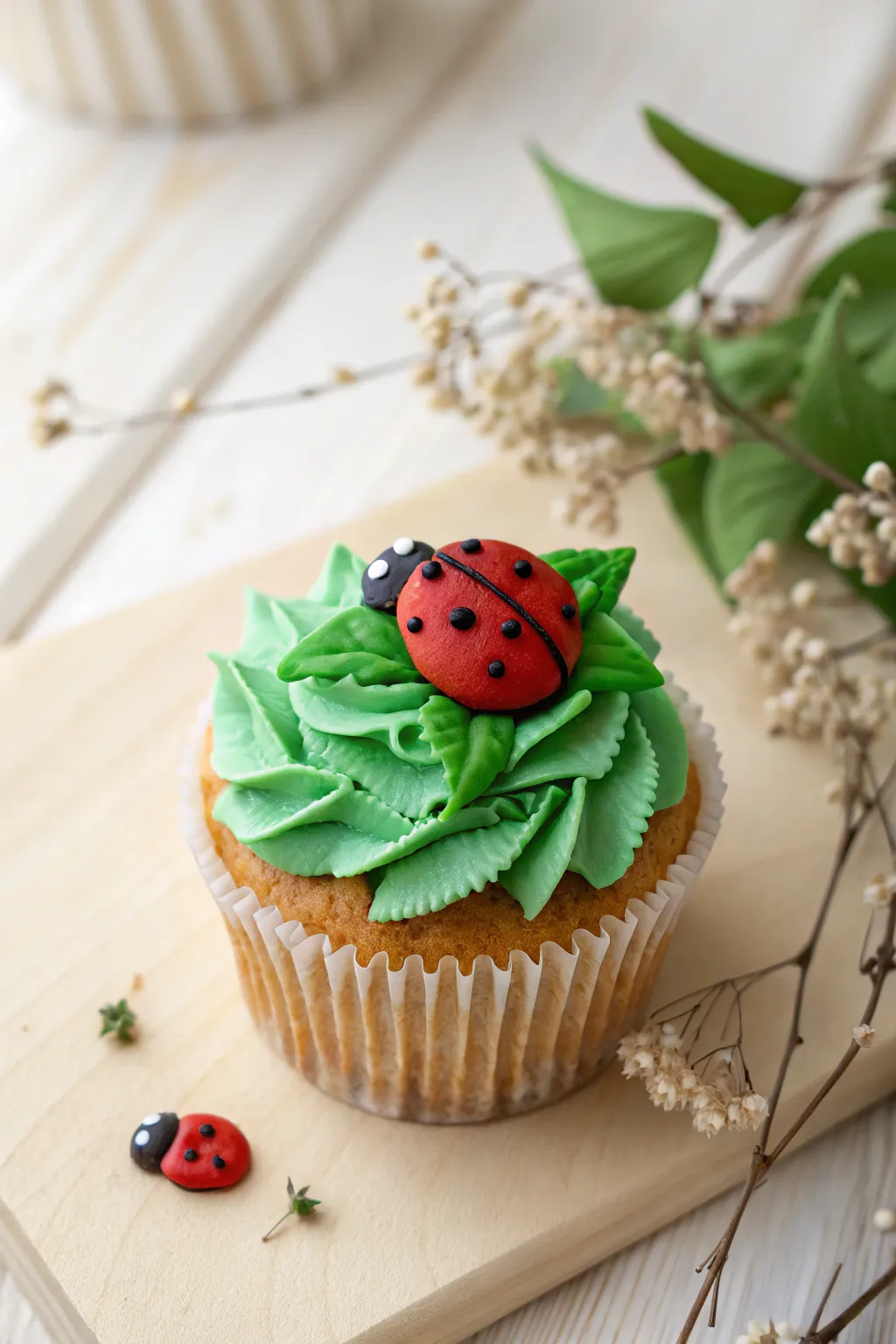 Nature's Delight: A charming ladybug cupcake nestled in greenery, perfect for a touch of whimsy at your next gathering.