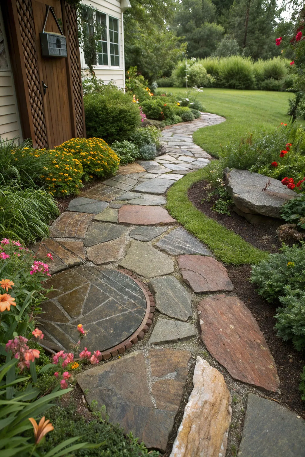 Embark on a journey through your garden with a stone pathway that transforms utility into beauty.