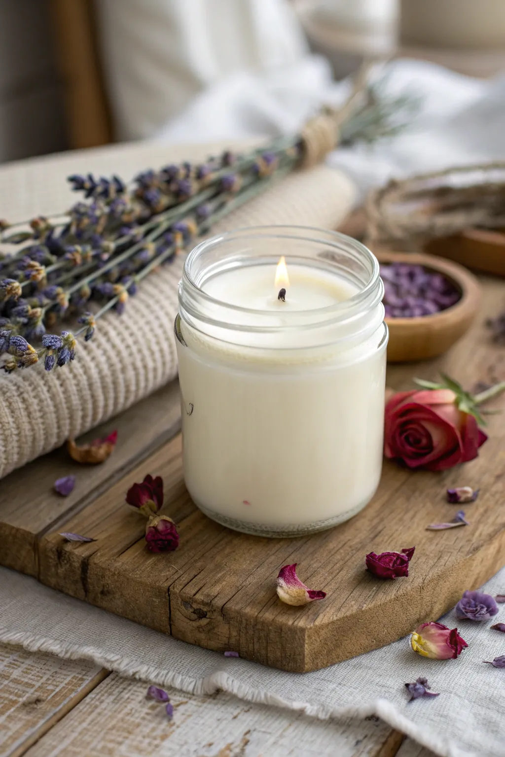 Craft a heartfelt moment with a homemade mason jar candle, infused with the soothing essence of lavender and love.