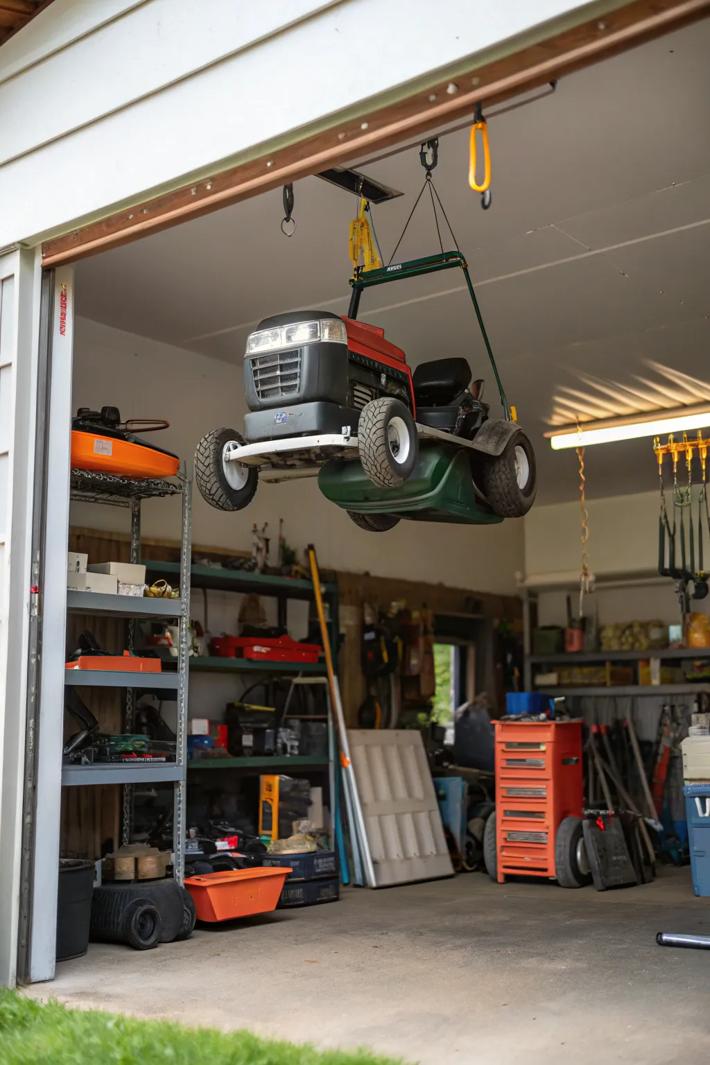 A space-saving ceiling hoist system for lawn mowers.