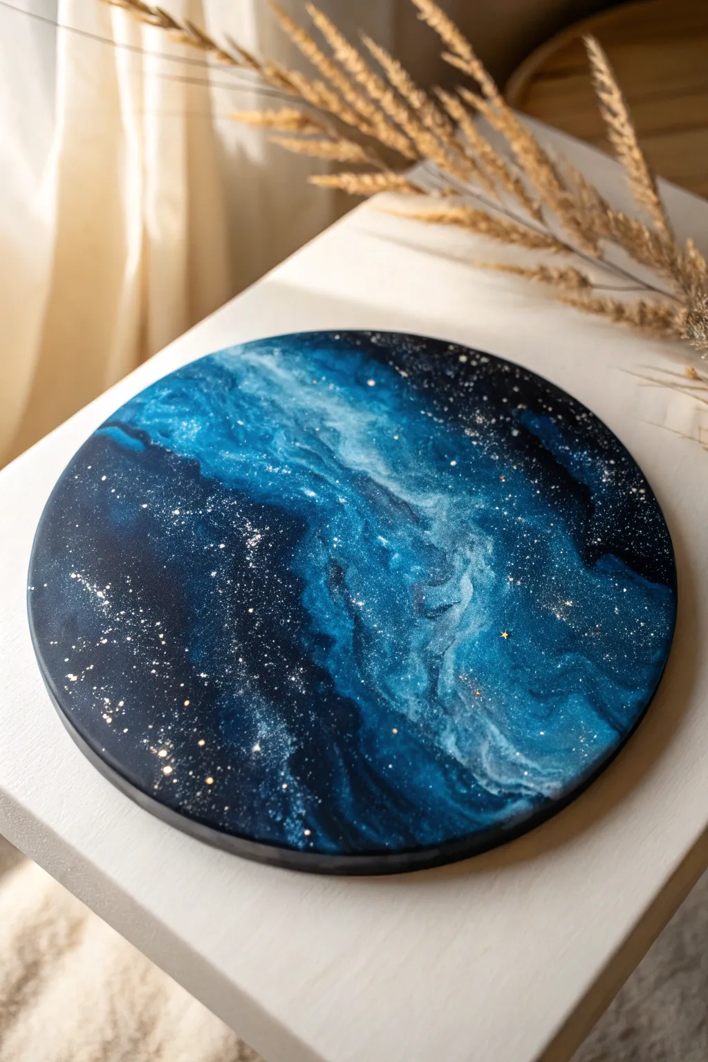 Embrace the cosmos with this stunning layered resin art masterpiece—where celestial beauty meets minimalist elegance.