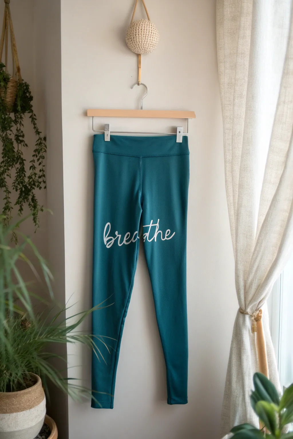 Wear your inspiration: Elevate your yoga practice with leggings that gently remind you to 'Breathe'.