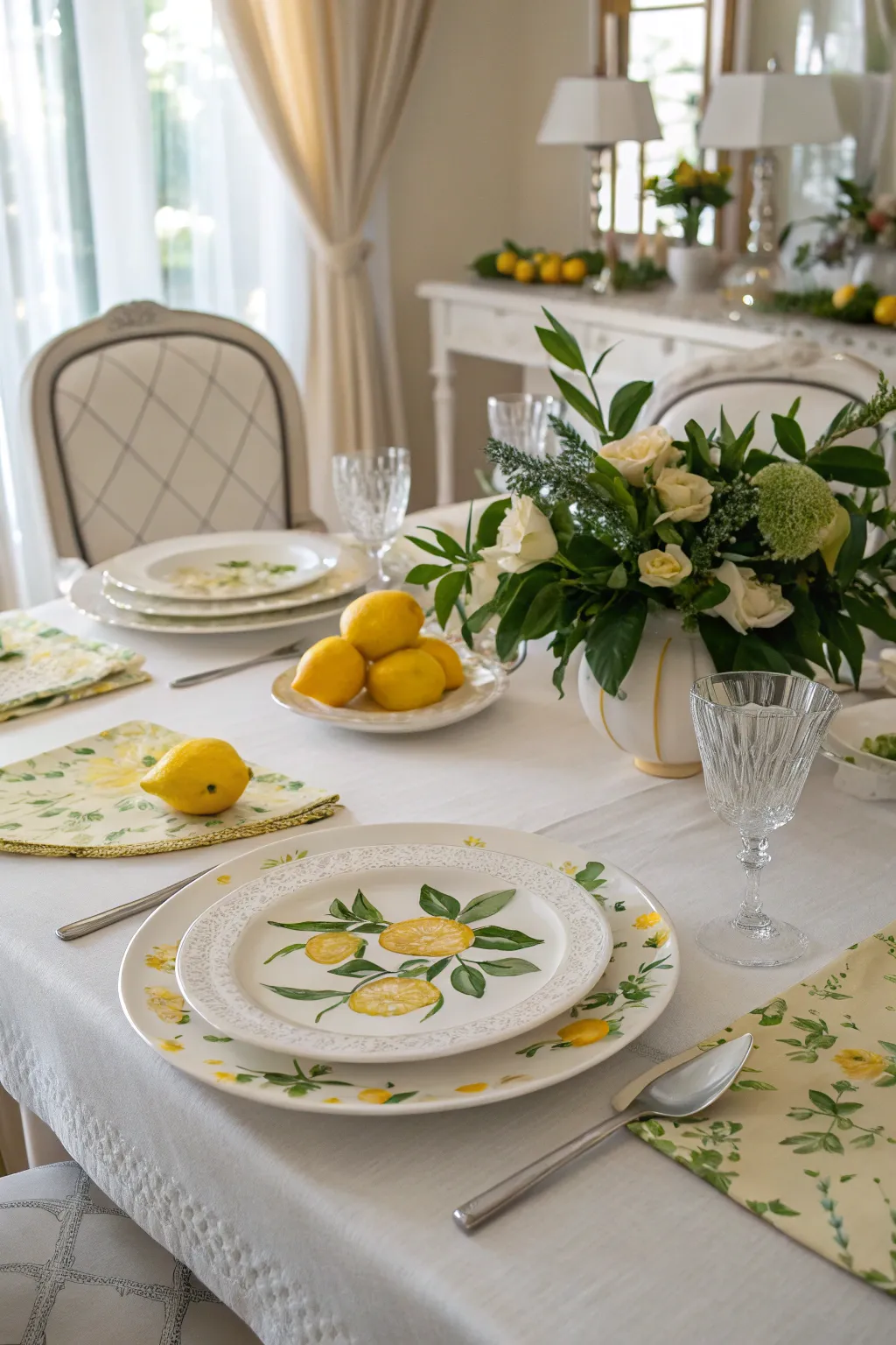 Lemon-themed tableware adds a cheerful vibe to meals.