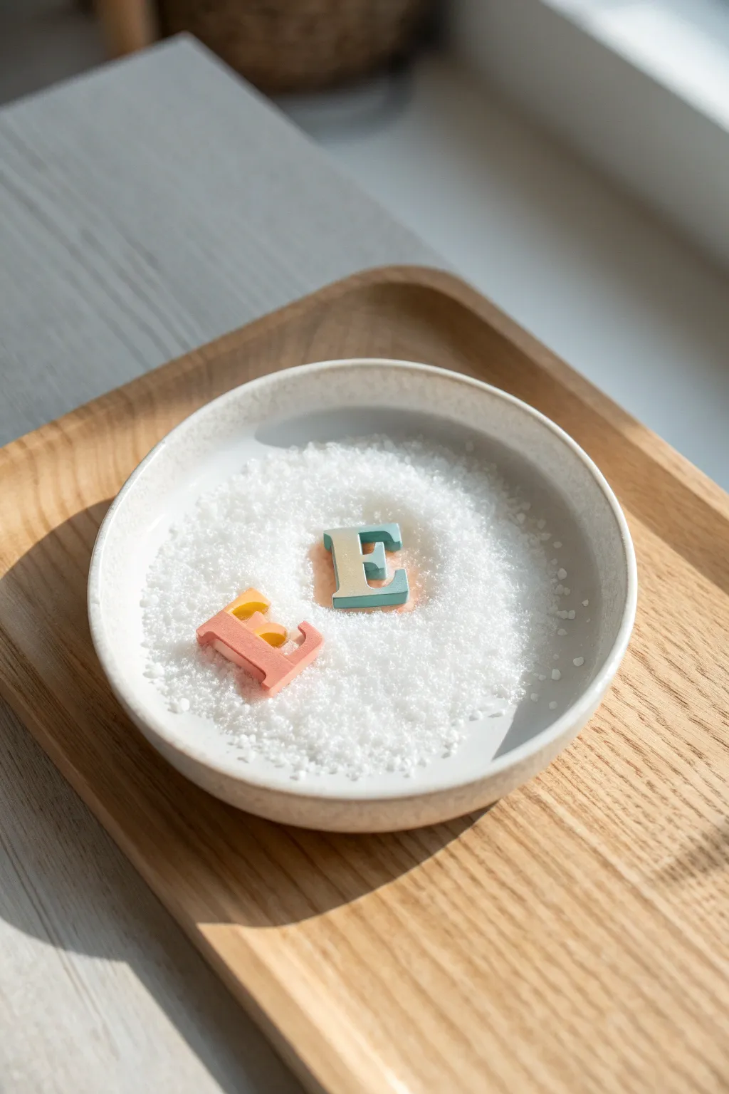 Discover the magic of color with Letter E Salt Tracing - where minimalism meets vibrant creativity!