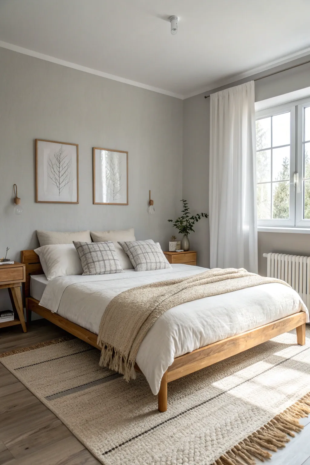 Neutral furniture complements light gray walls, crafting a balanced and inviting space. 🌿 #BedroomDesign #NeutralPalette #InteriorHarmony