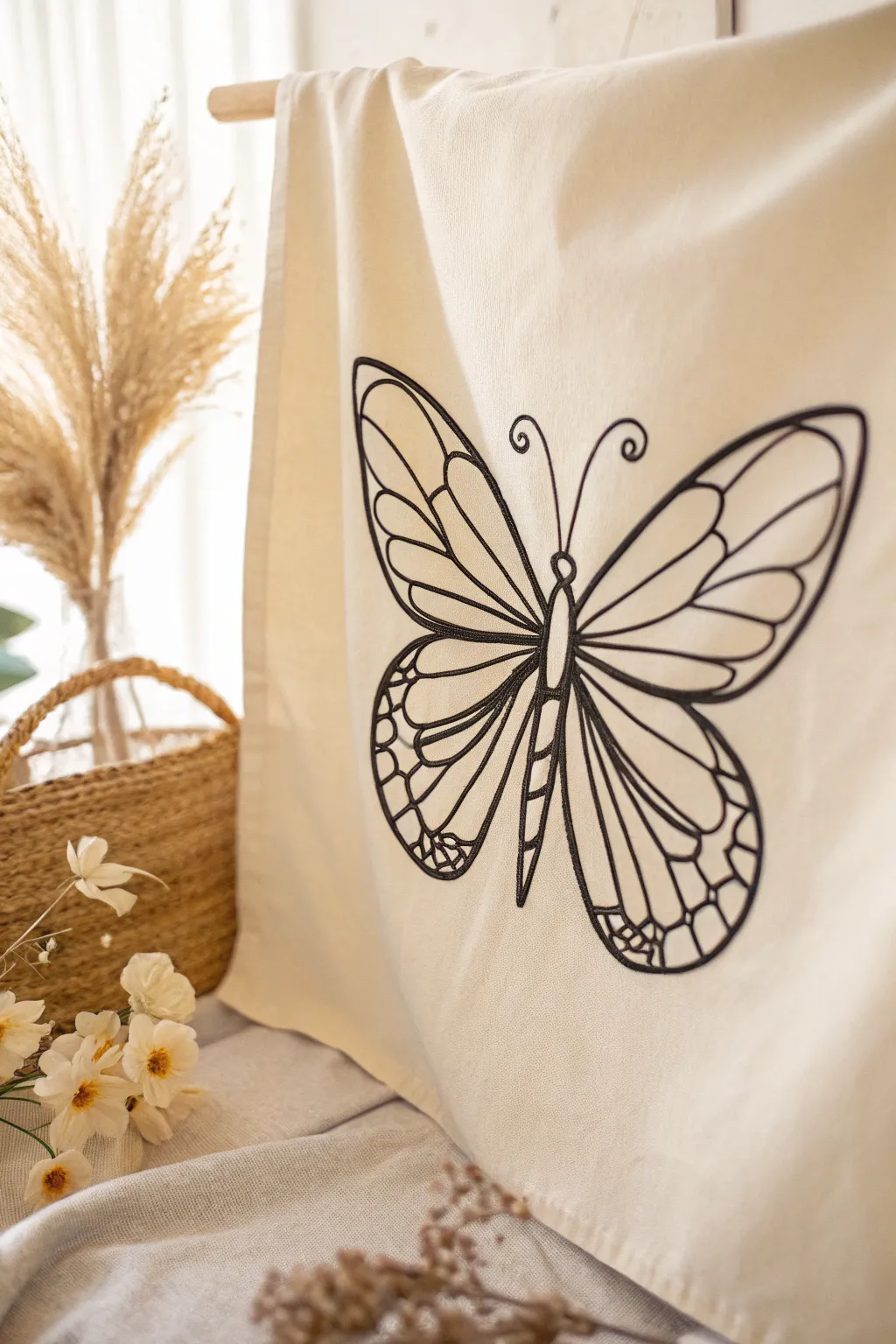 Capture the grace of nature with this elegant line drawing of a butterfly in flight—perfect for adding a touch of whimsy to your space.