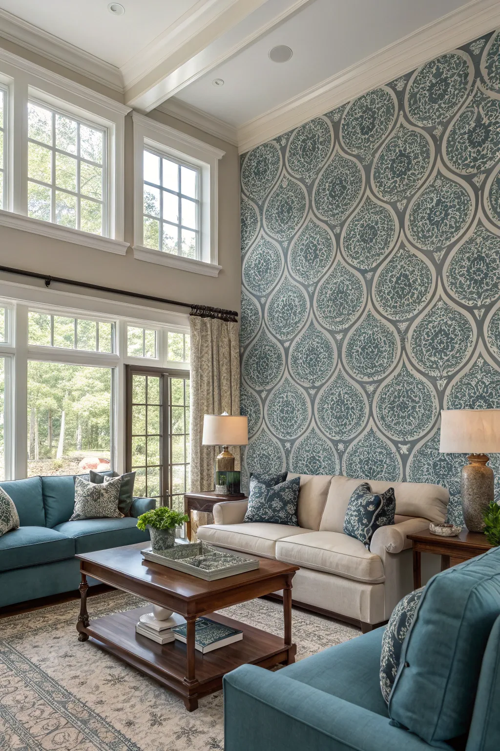 A bold accent wall in a living room, featuring unique wallpaper.