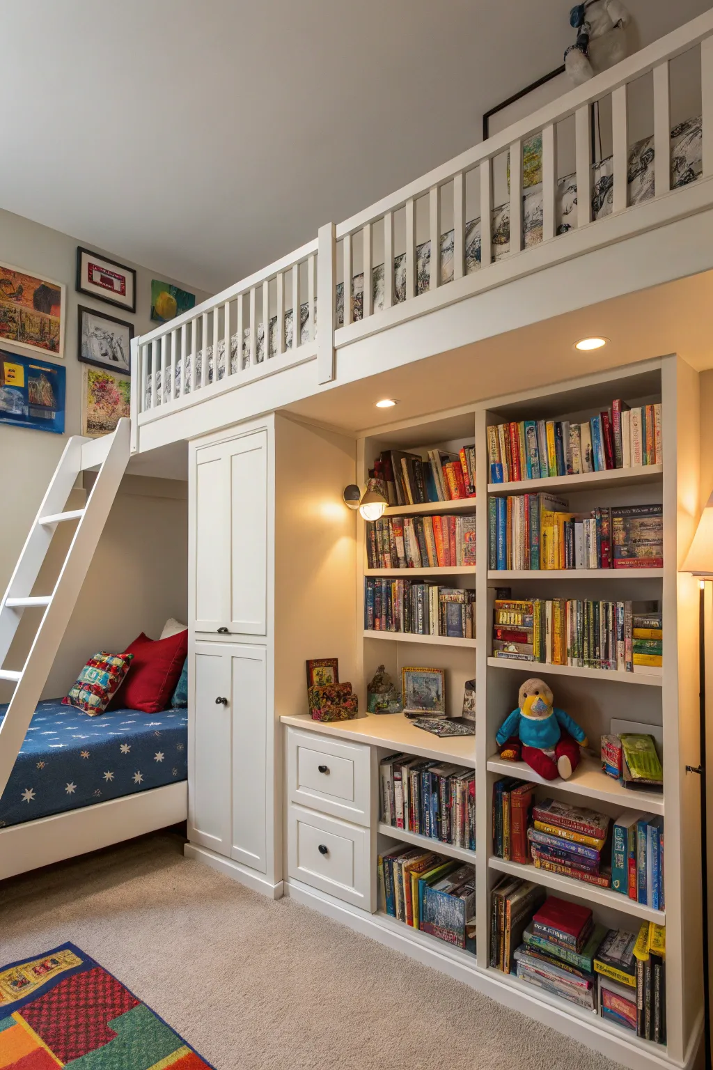 Built-in shelves create a library under the loft.
