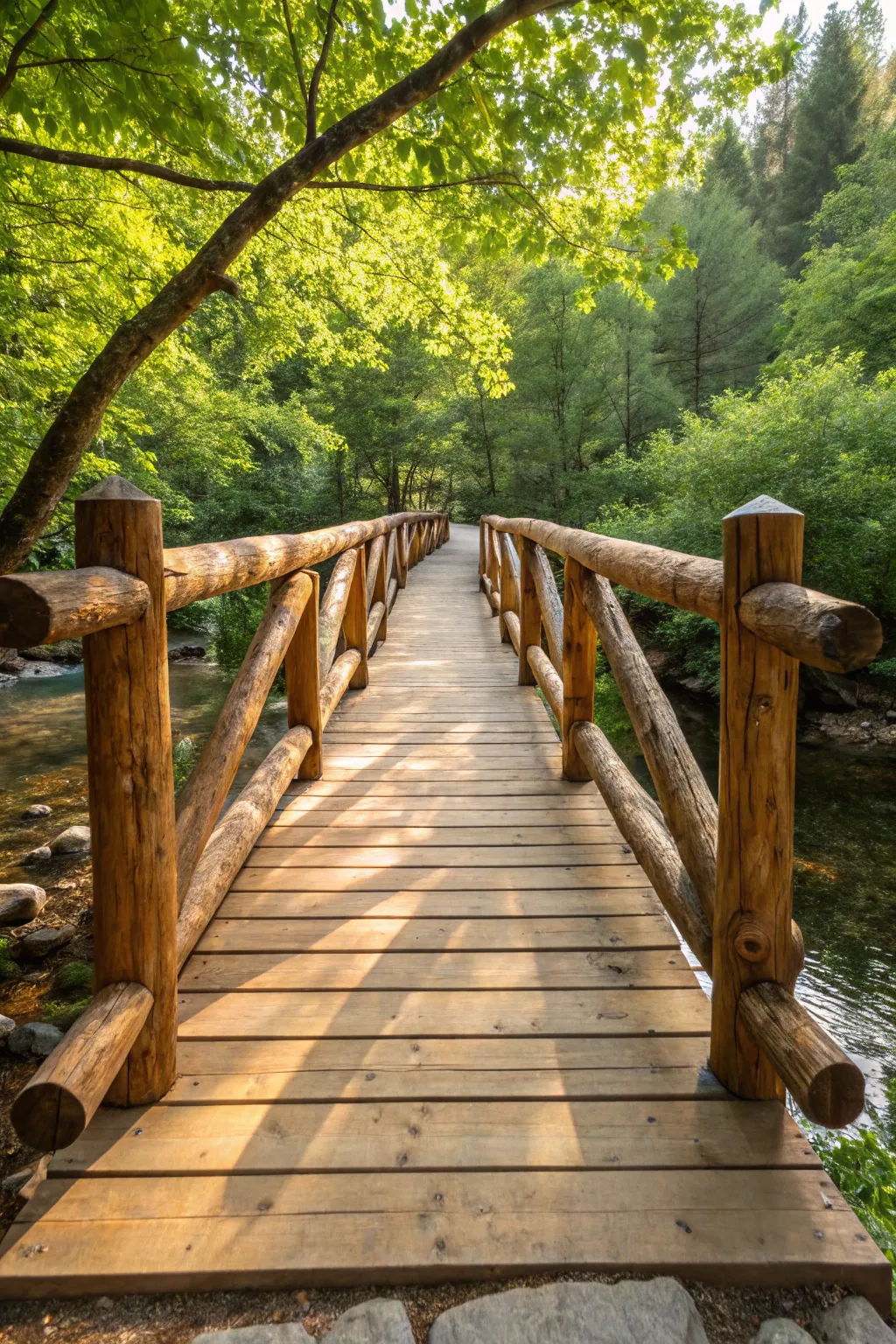 Experience the perfect blend of nature and craftsmanship with this stunning plank and log bridge design.