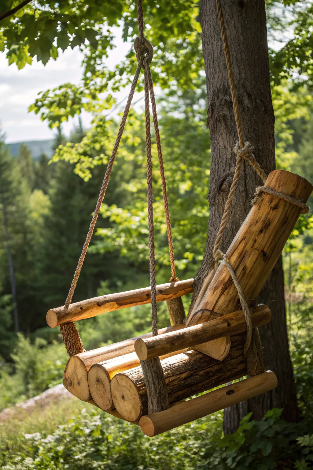 Swing into nature with this artisan-crafted floating log chair, where rustic charm meets bold design.