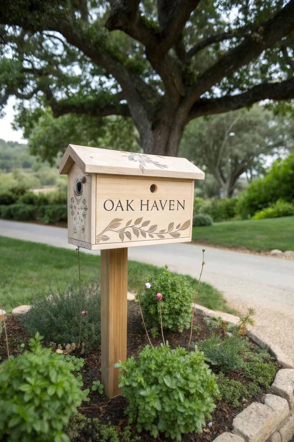 Embrace nature's charm with a mailbox named 'Oak Haven,' where simplicity meets elegance.