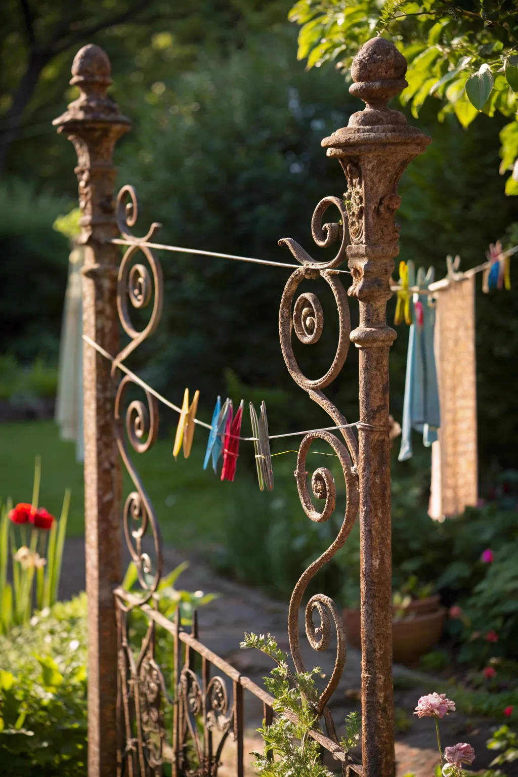 Elevate your garden with a touch of whimsy and craftsmanship: A decorative clothesline centerpiece.
