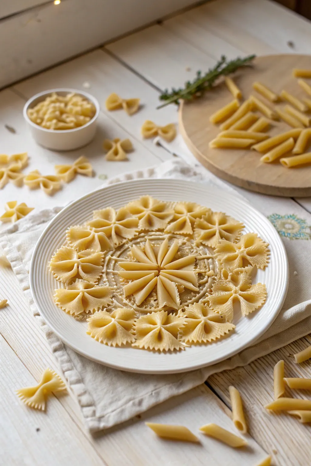 Discover the art of simplicity with a playful pasta mandala, where culinary creativity meets minimalist design.