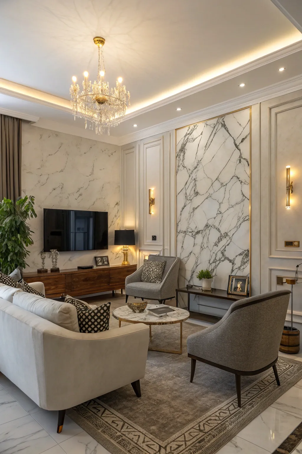 Living room elegance with a stunning marble feature wall.