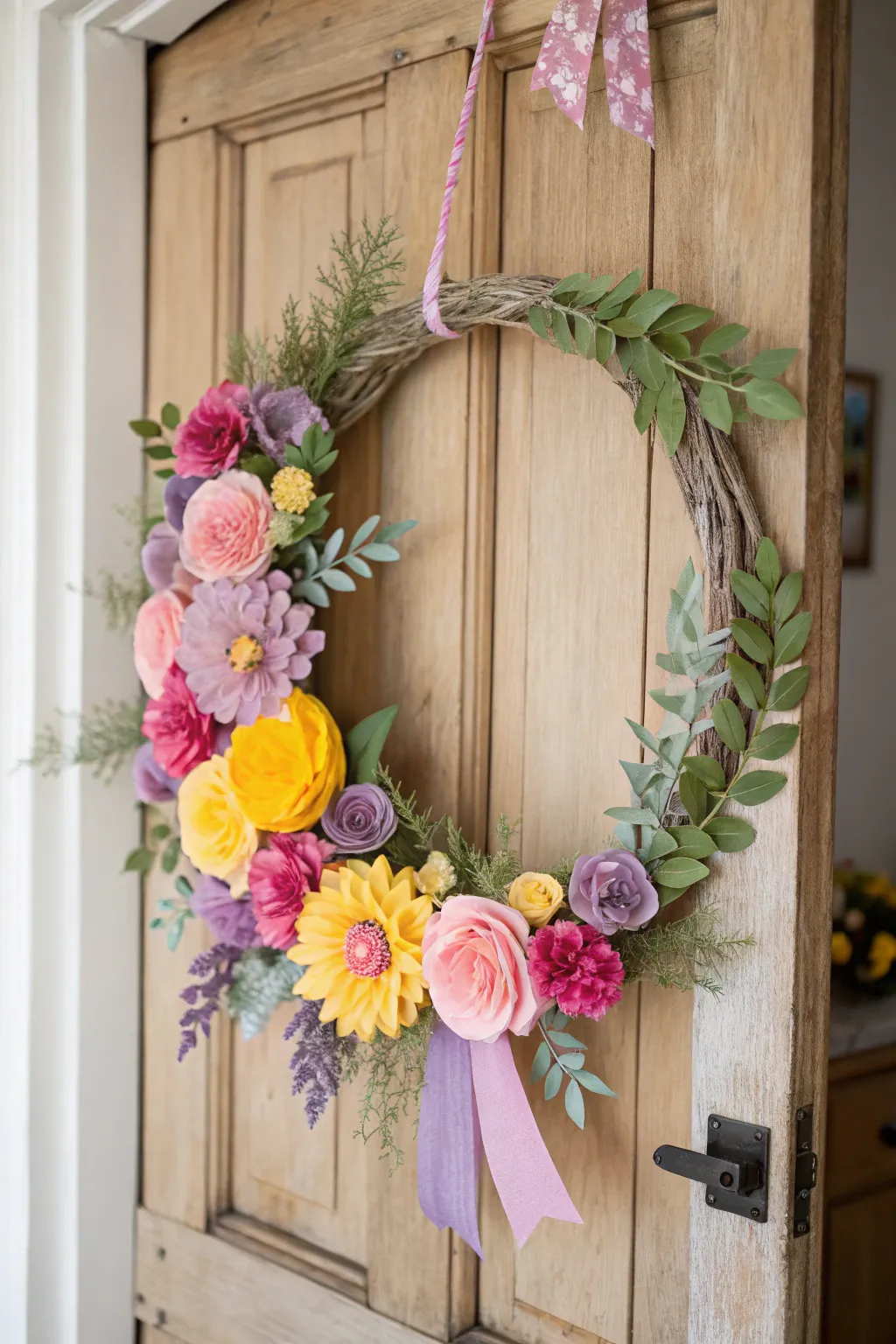 Welcome spring with a splash of color and charm: a handcrafted flower wreath that delights and inspires.