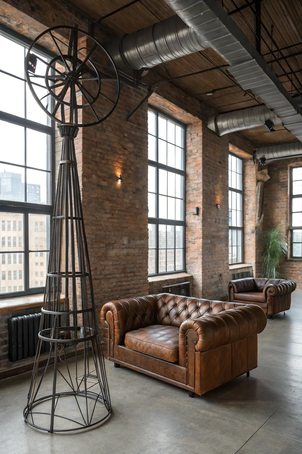 Industrial elements create a strong, urban aesthetic.