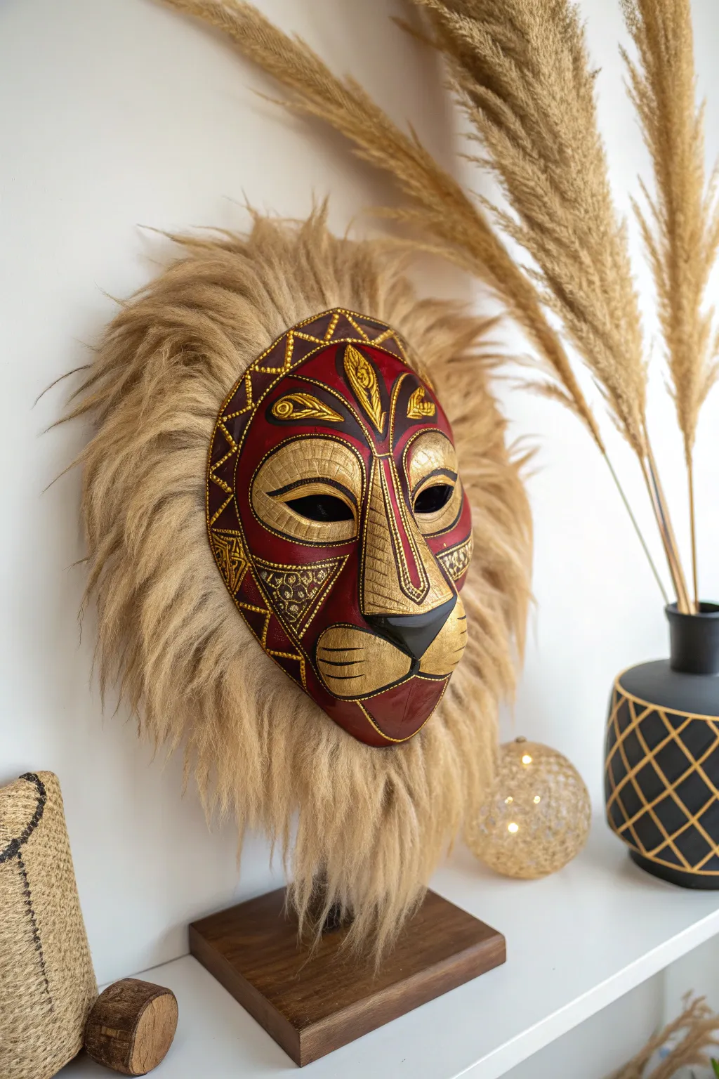 Unleash your wild side with this stunning lion mask, where craftsmanship meets creativity.