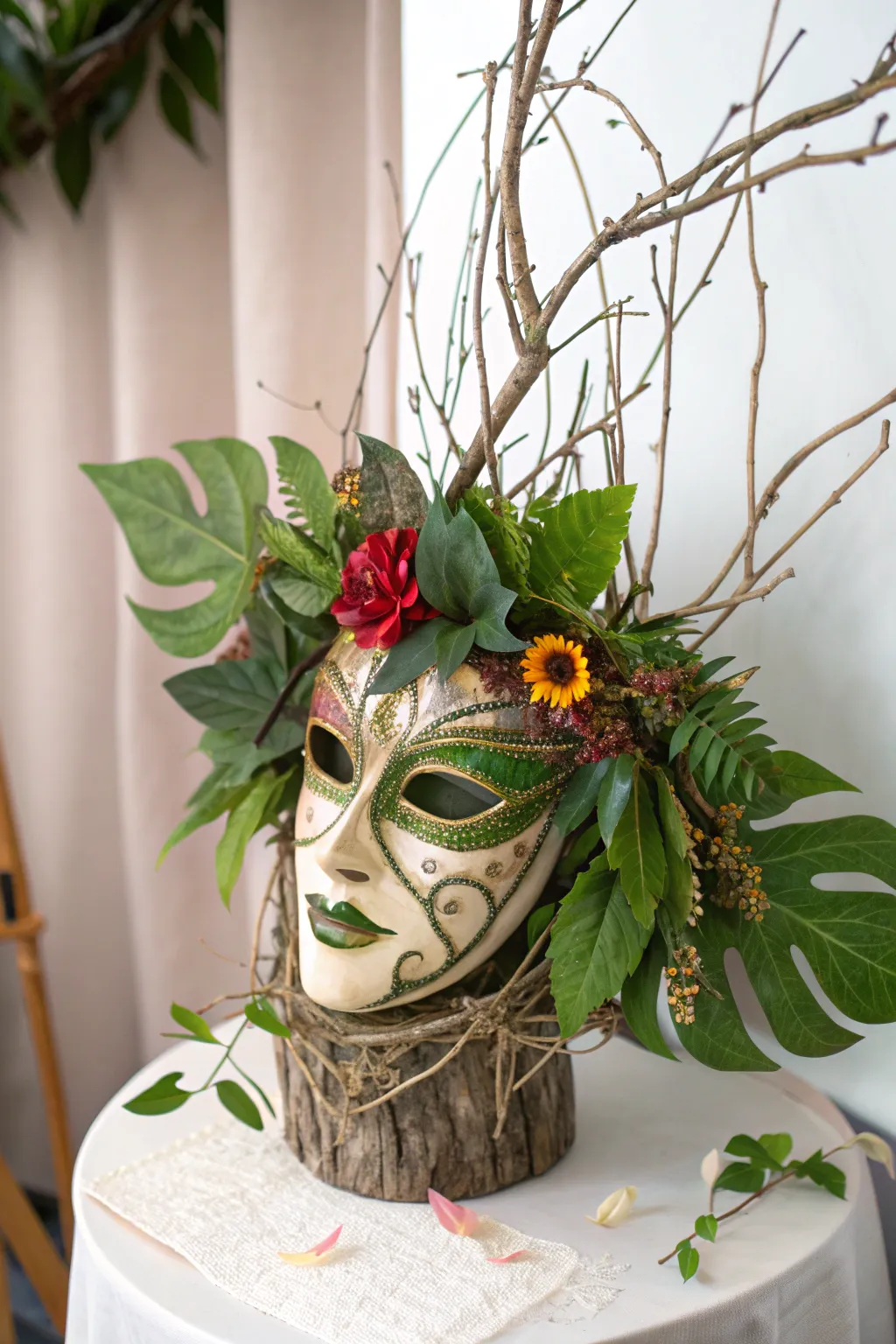 Celebrate the beauty of nature with this stunning leaf and flower mask, perfect for adding a touch of organic elegance to any space.