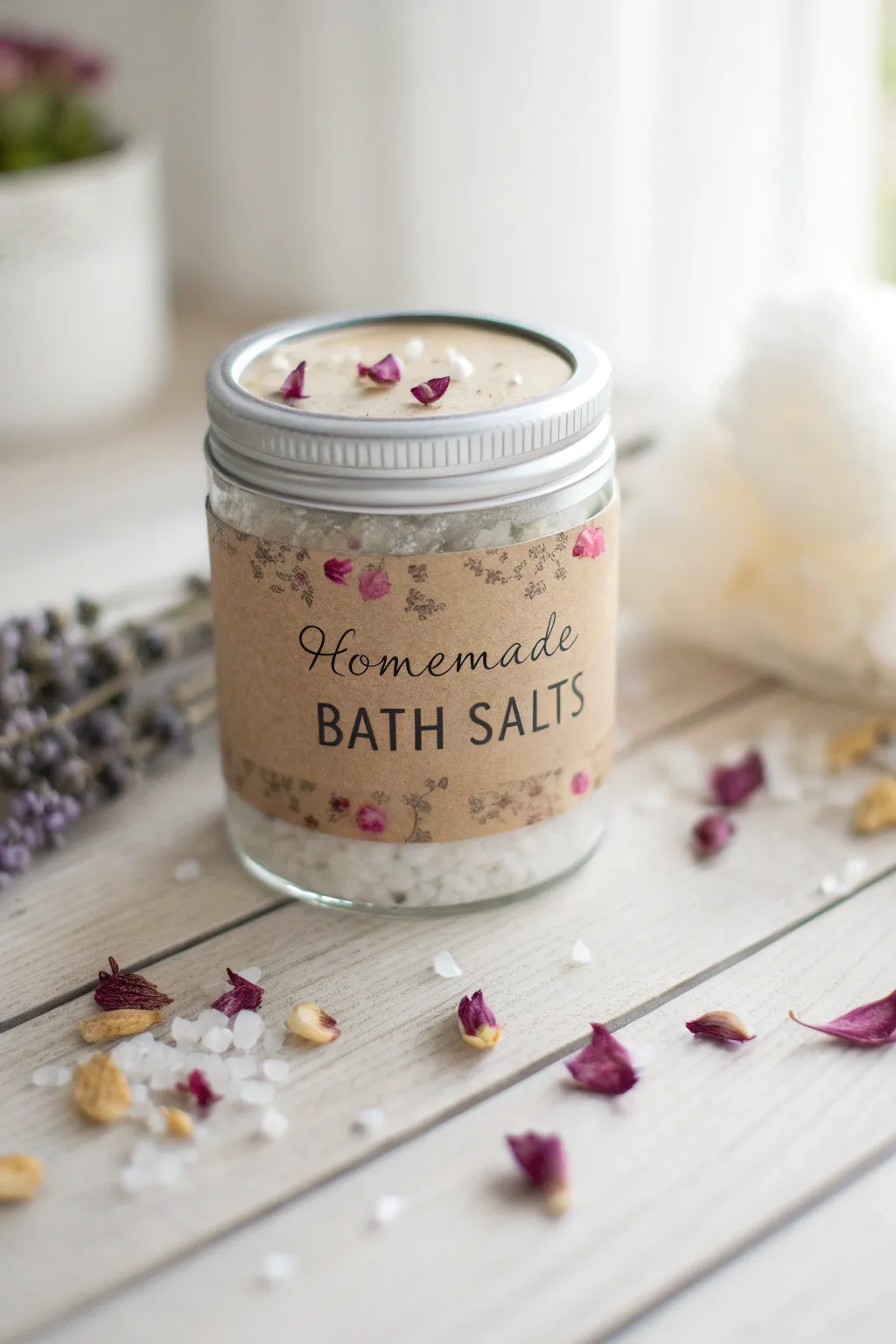 Elevate your bath time with this beautifully crafted jar of homemade bath salts, perfect for a relaxing spa-like experience.