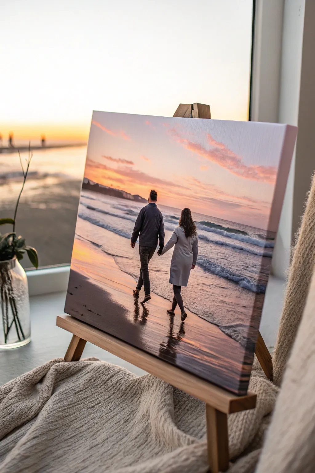 Embrace the warmth of love on a tranquil beach canvas.
