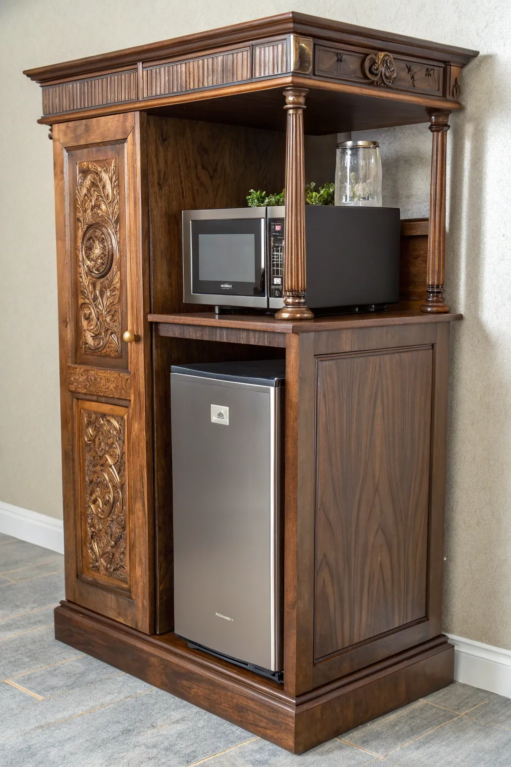 Elevate your kitchen game with this stylish and functional mini fridge and microwave stand, a masterpiece of craftsmanship and design.
