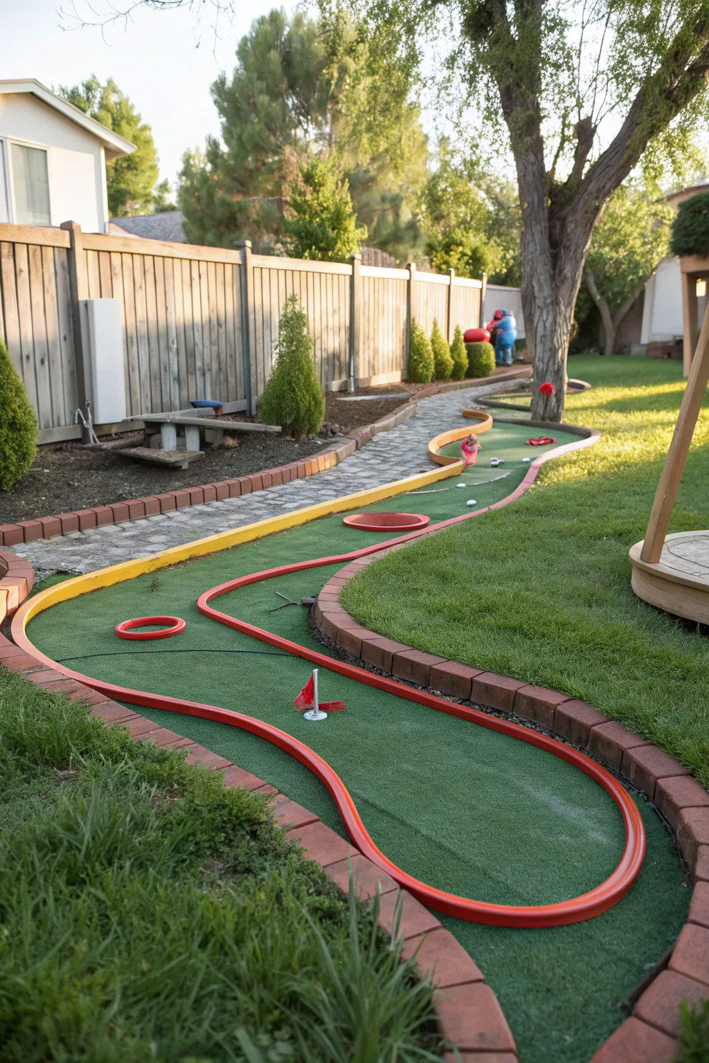 Transform your backyard into a dynamic mini golf course using a simple garden hose as elegant boundaries. Add a twist of creativity to your outdoor fun!