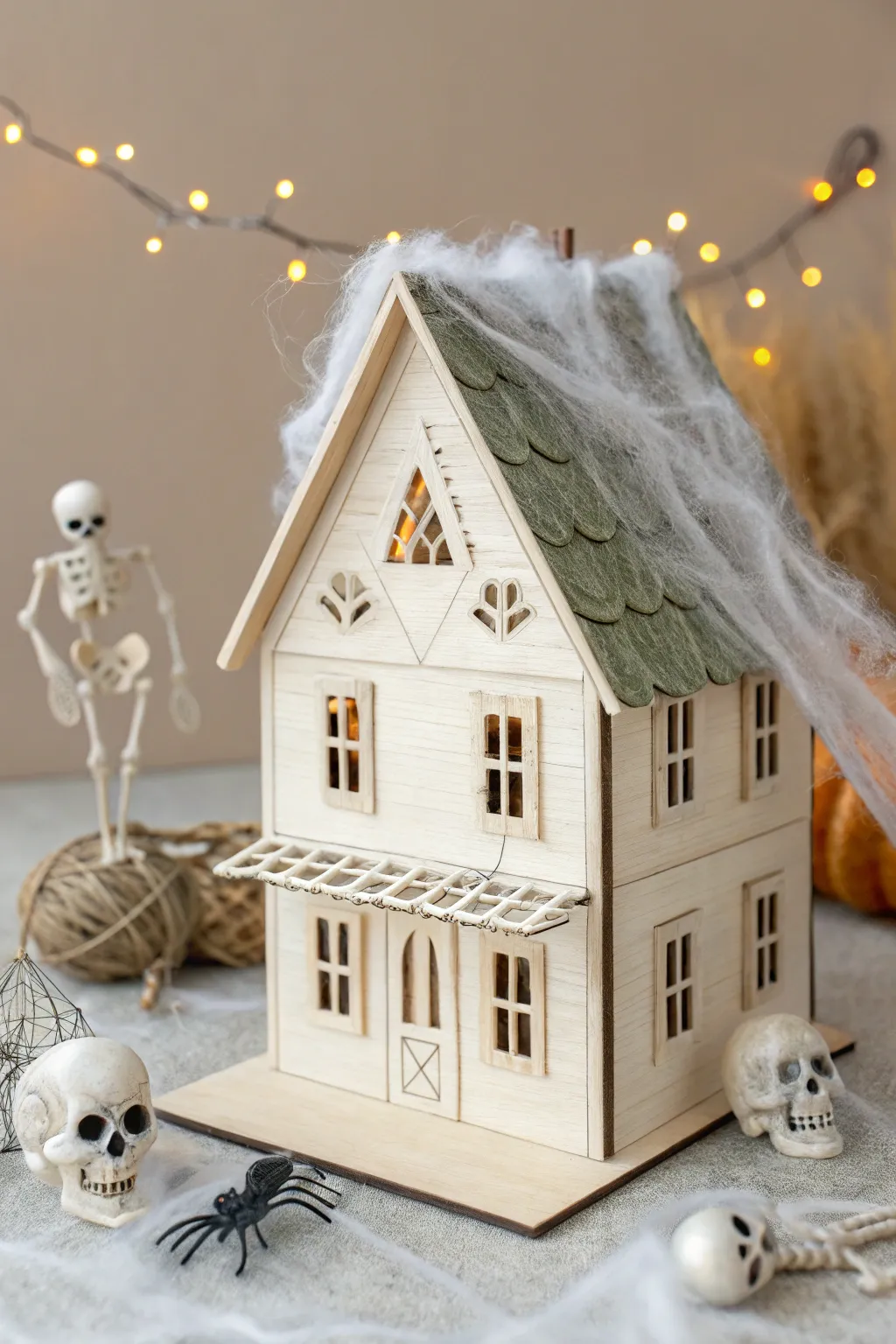 Elevate your Halloween decor with a minimalist touch: a Scandinavian-inspired miniature haunted house with artful details.