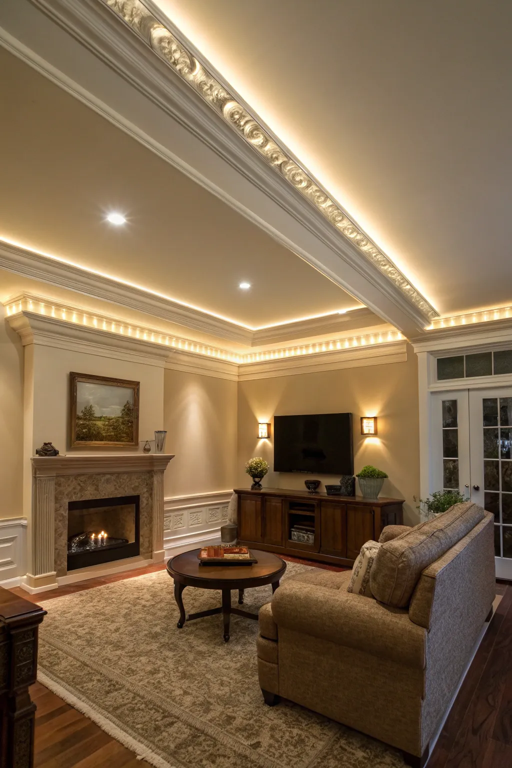 Crown molding with integrated LED lighting in a cozy setting.