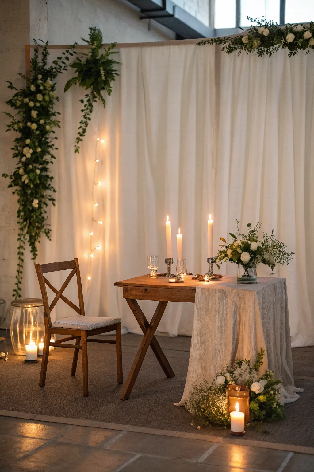 Ambient lighting that enhances the minimalist wedding setting.