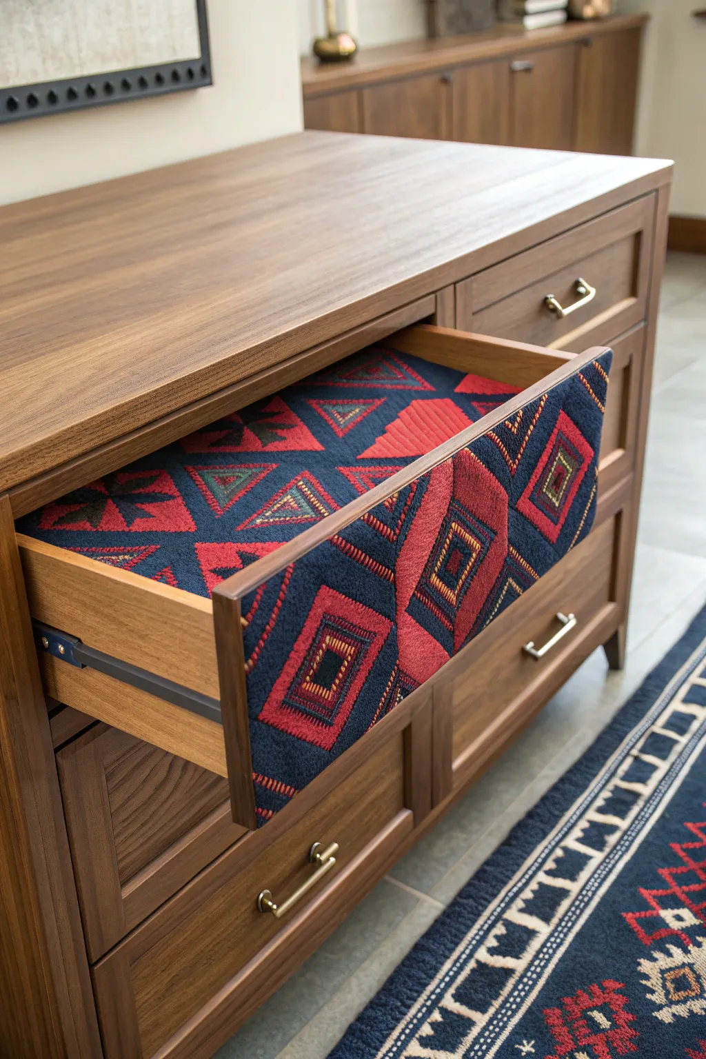 Transform your space with bold fabric panels where drawers once were—blend craftsmanship with style.