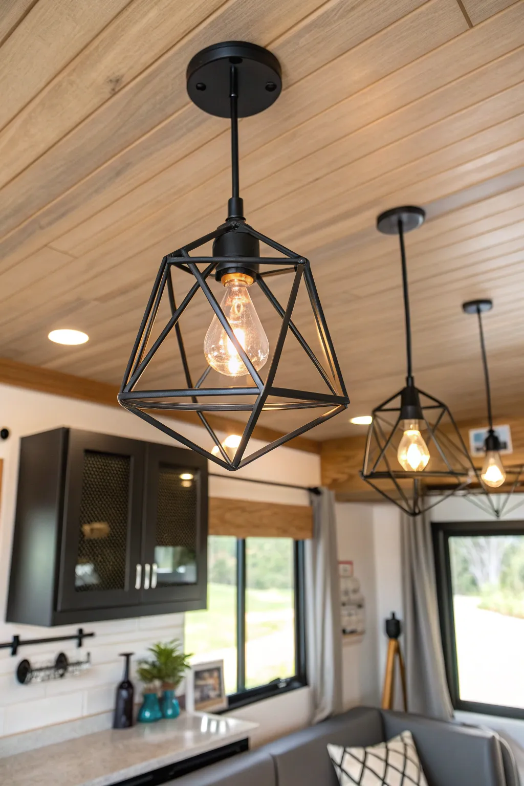 Transform your space with bold lighting: a modern twist on mobile home interiors.