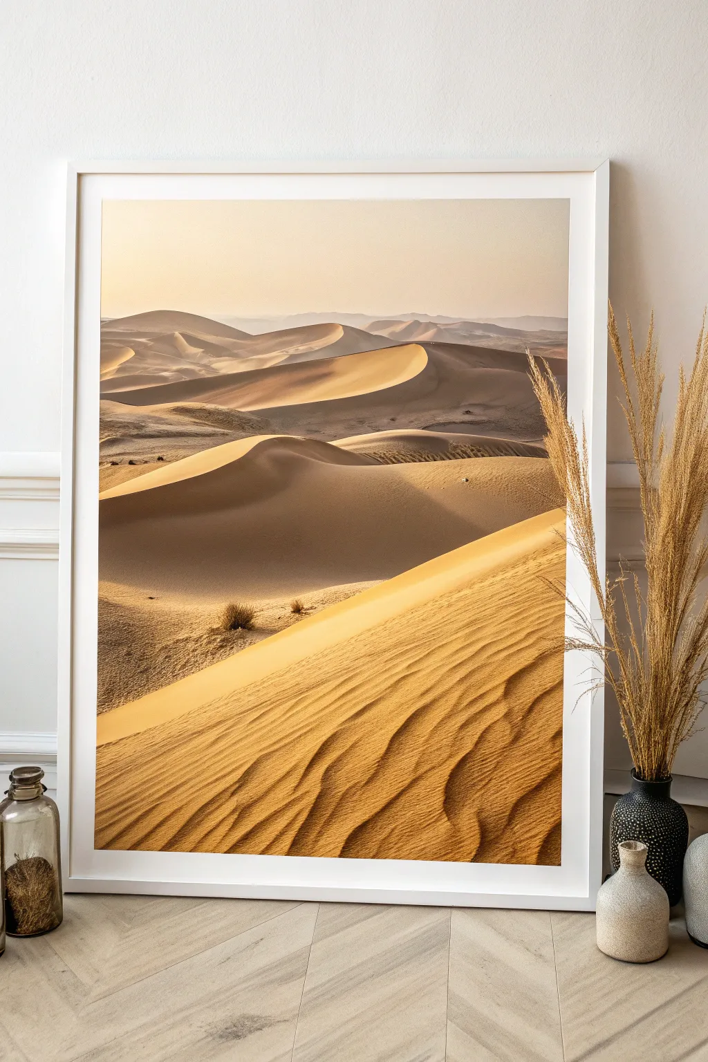Embrace the serene beauty of the 'Golden Desert Dunes'—a minimalist masterpiece that captures the desert's allure with elegance.