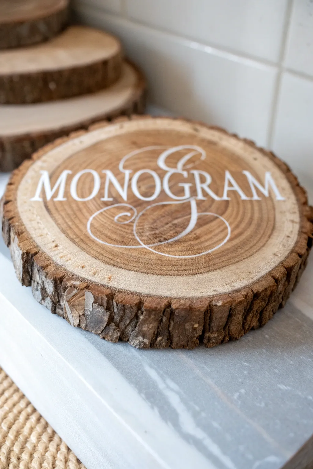 Elevate your space with rustic elegance: a handcrafted wood slice monogram that blends natural beauty with artistic charm.
