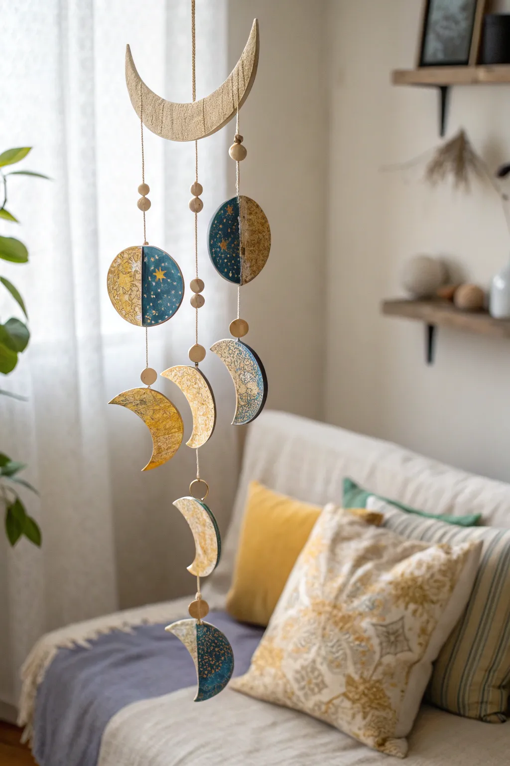 Elevate your space with a celestial touch: a handcrafted 3D moon mobile that captures the essence of minimalist beauty and bohemian spirit.