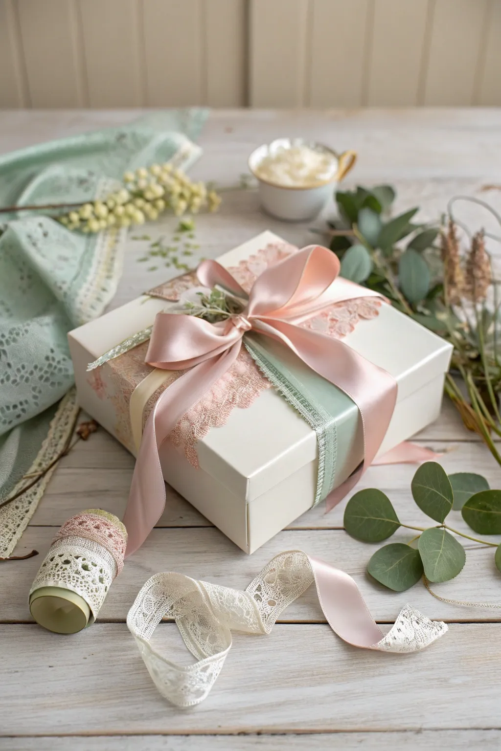 Ribbon Delight: Elevate your Mother's Day gift with a touch of elegance through soft pastel ribbons and natural accents.