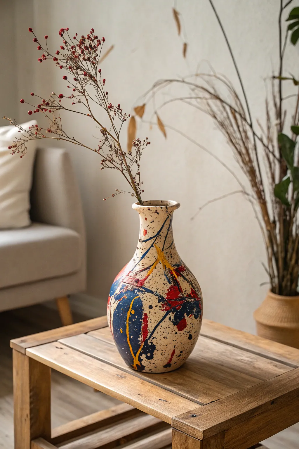 Unleash your creativity with a splash of color! Transform your space with this stunning mud vase art, where minimalism meets vibrant expression.