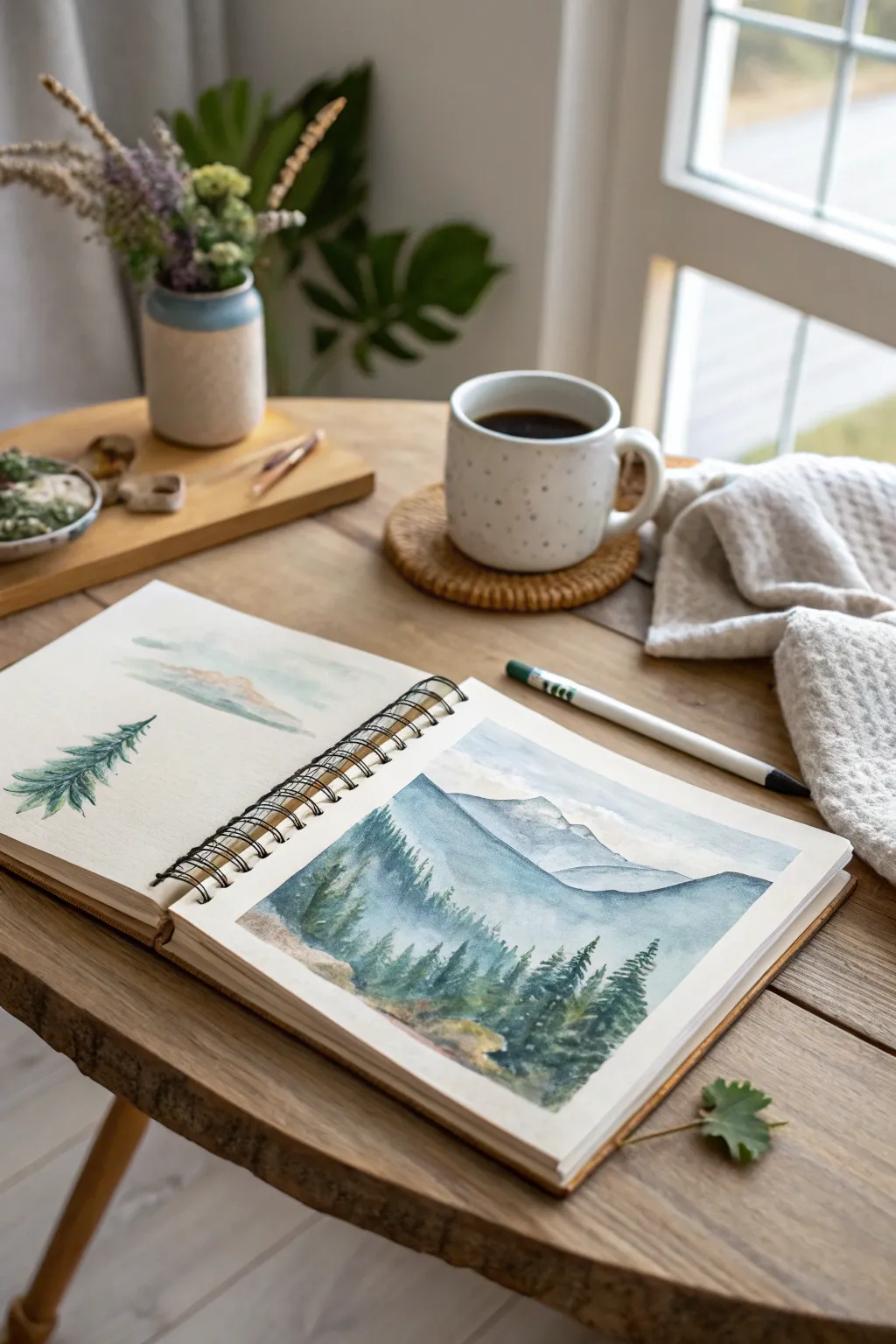 Capture the serene beauty of nature with watercolor landscapes in your journal.