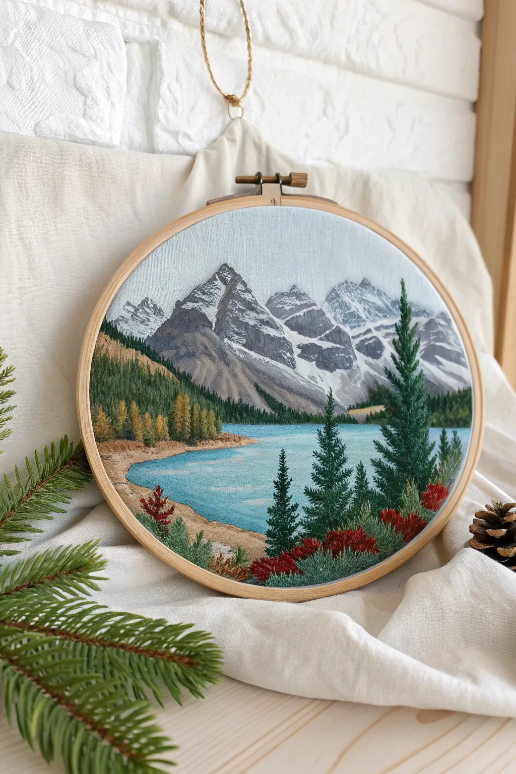 Bring the serenity of nature indoors with this exquisite mountain and lake needlepoint masterpiece.