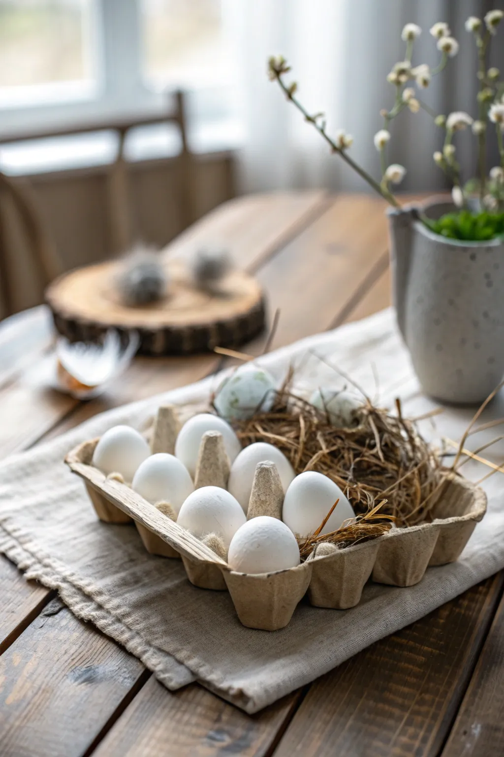 Crafting with Nature: Transform egg cartons into enchanting nests filled with cotton ball eggs, blending sustainability with minimalist beauty.