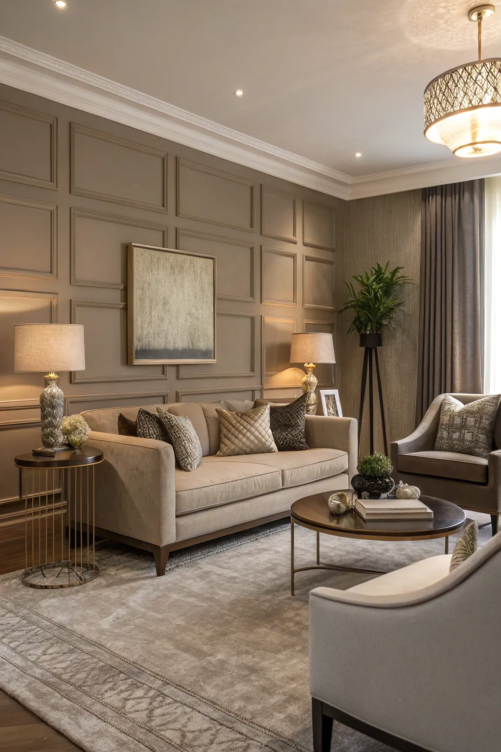An elegant living room enriched by the subtle depth of taupe walls.