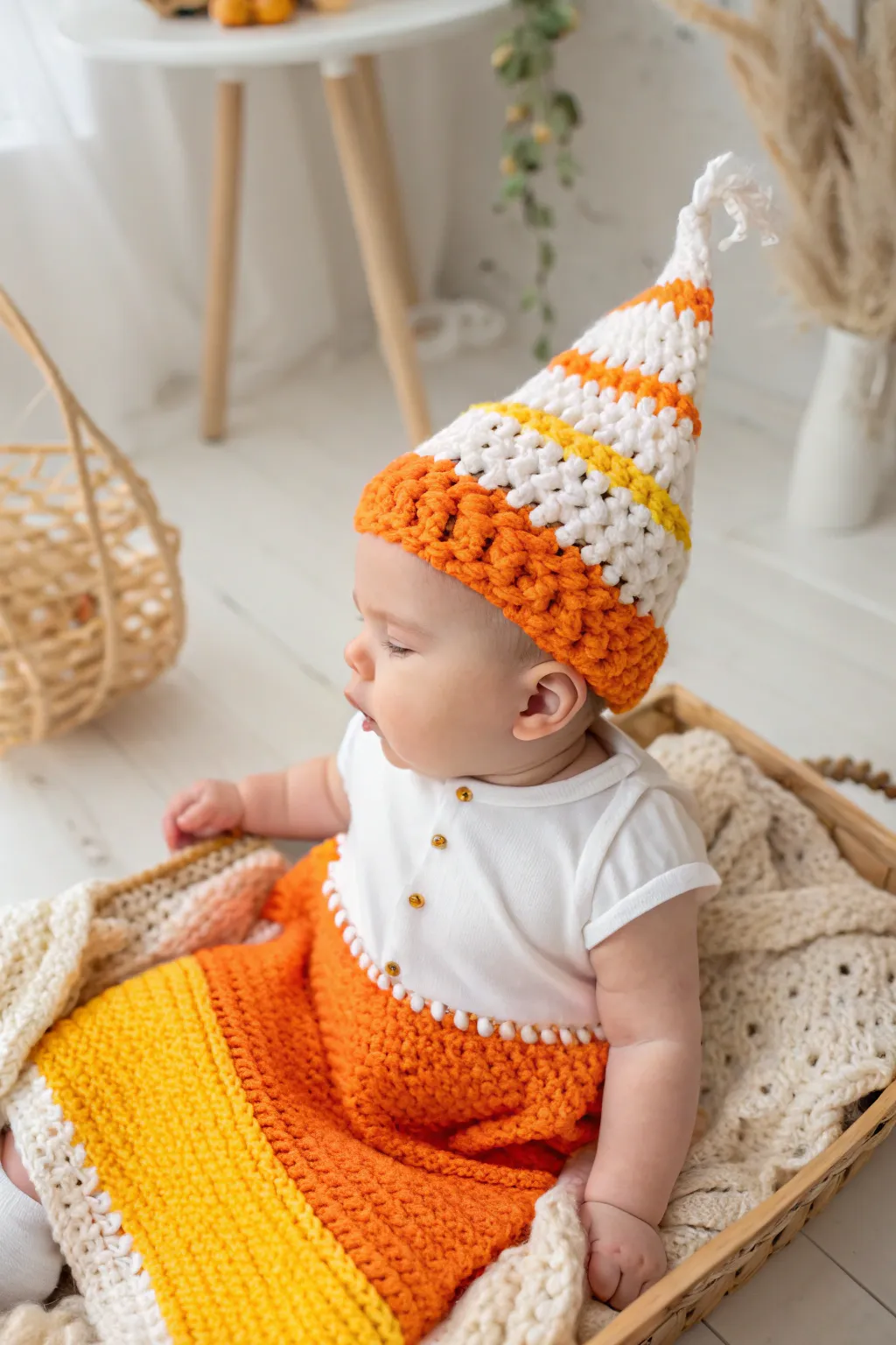 Sweet as candy corn: A cozy, handcrafted touch for your little one's Halloween!