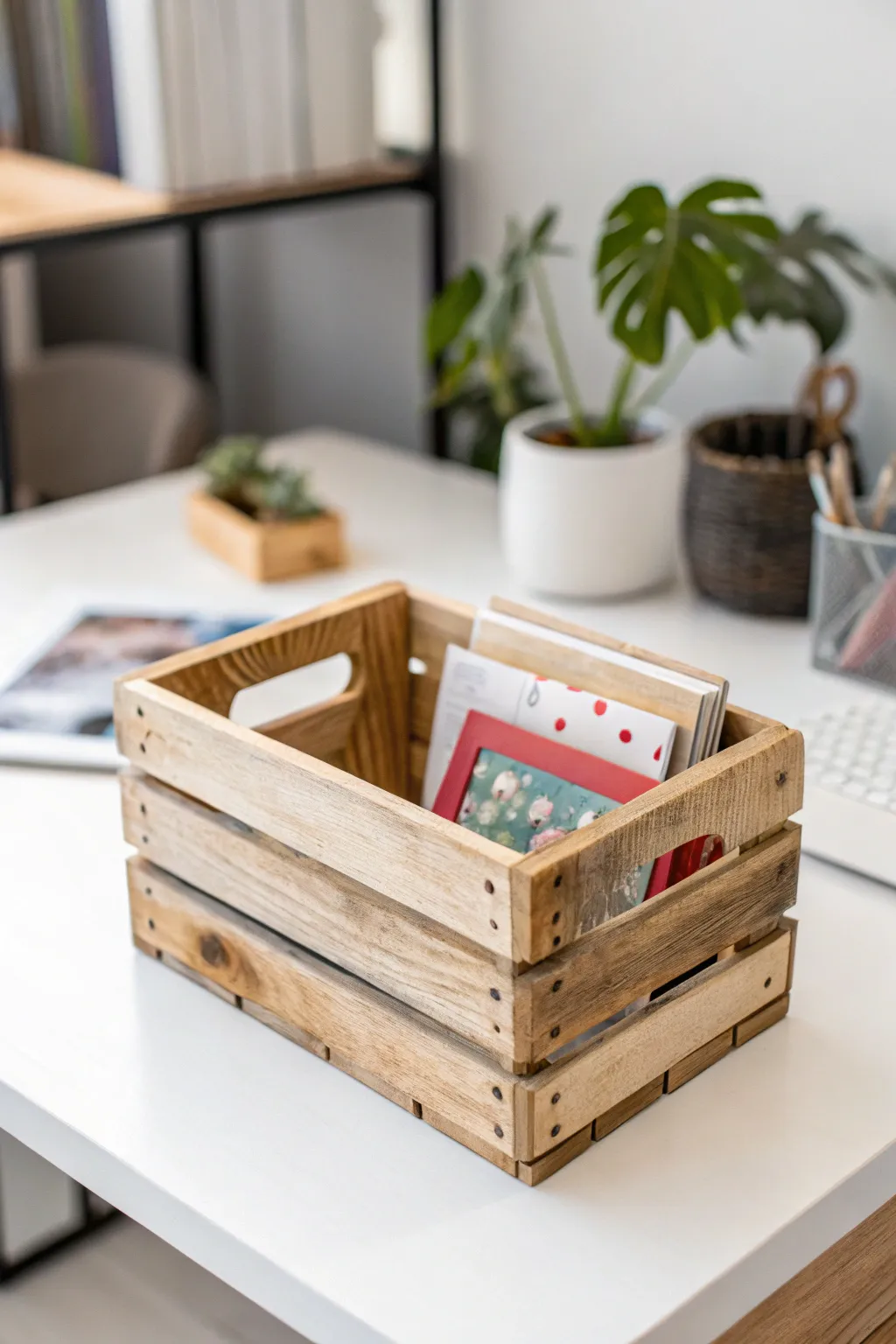 Elevate your workspace with a rustic charm: a personalized note holder in a handcrafted wooden crate.