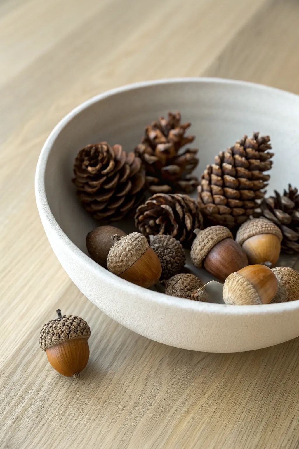 Embrace the woodland wonder with this minimalist acorn and pine cone display—nature's elegance captured in simplicity.