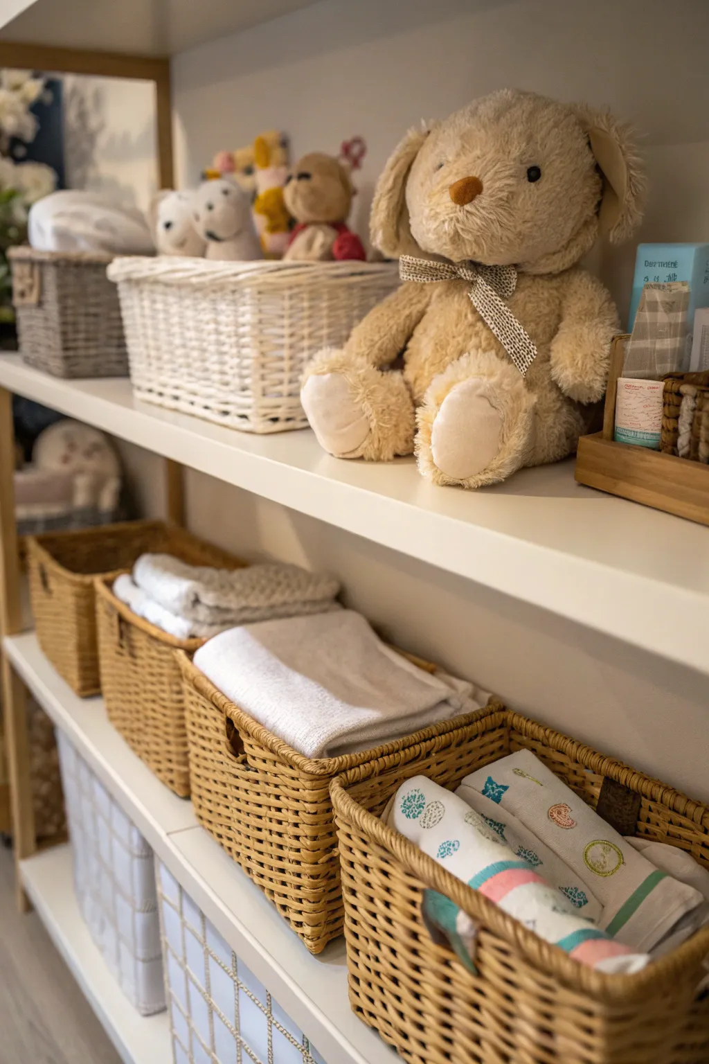 Wicker baskets add style and function to nursery storage.