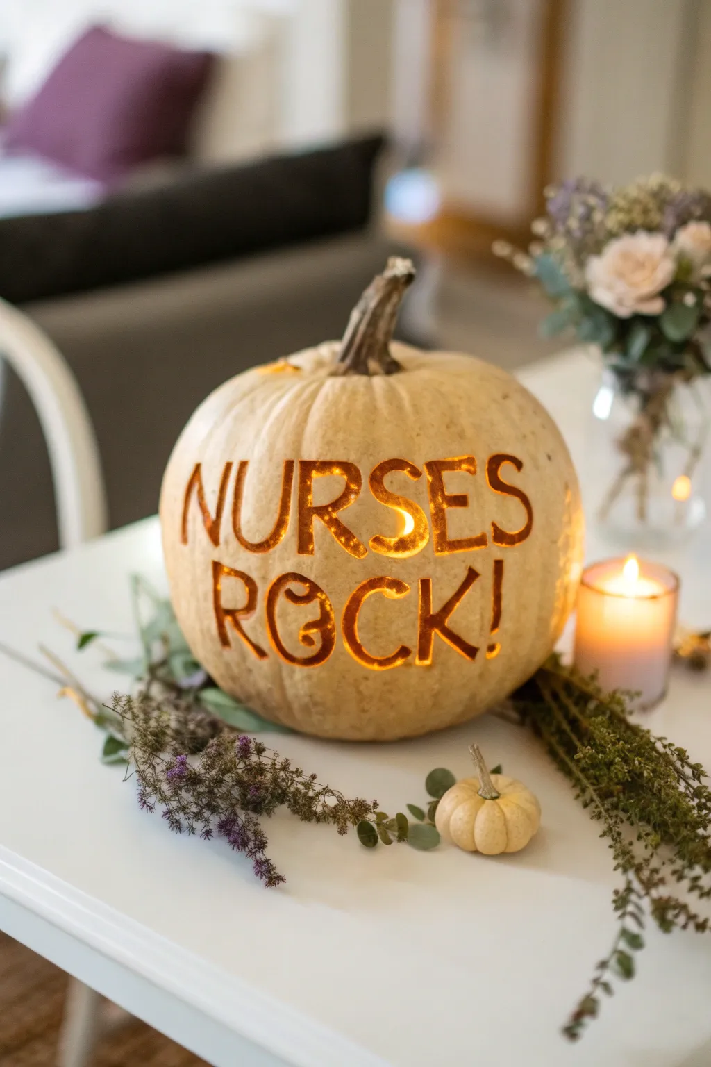 Celebrate the dedication of nurses with a striking 'NURSES ROCK!' carved pumpkin, blending minimalist elegance with boho charm.