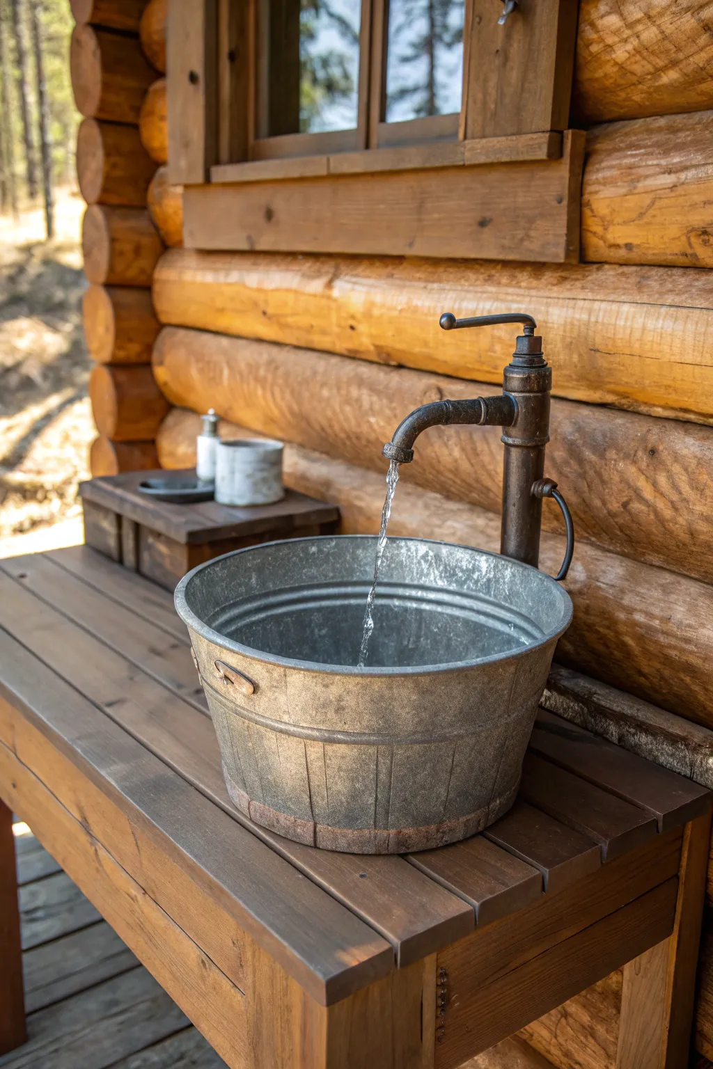 Elevate your off-grid living with a stylish bucket drain solution that combines practicality with artisan craftsmanship.