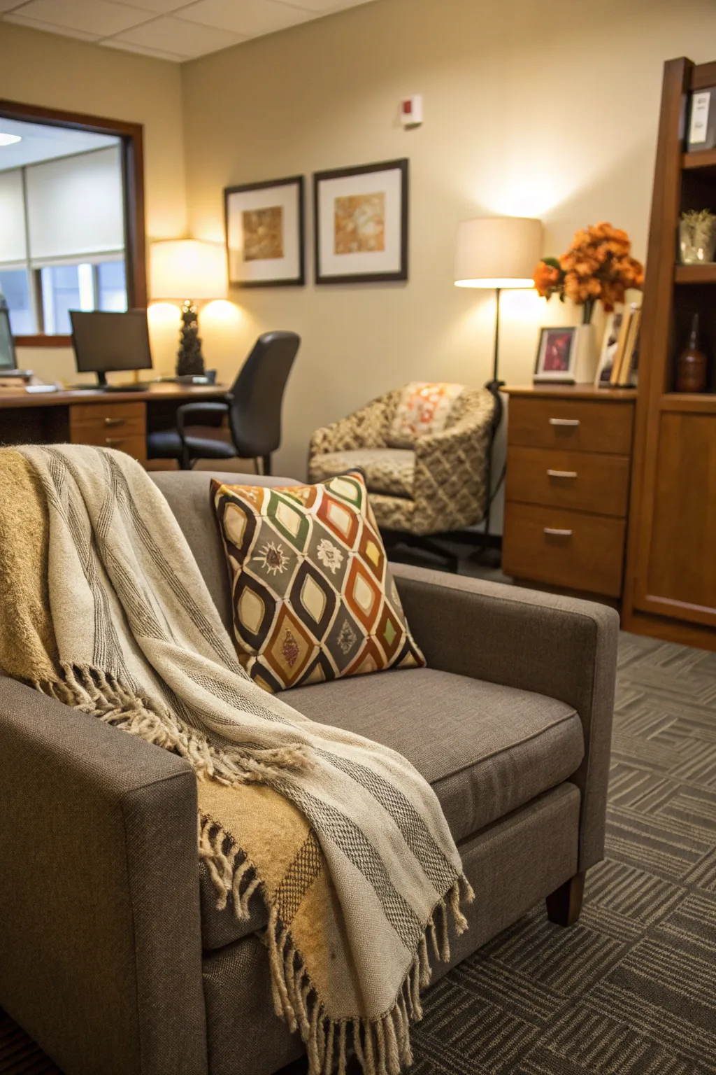 Warm textiles create a cozy atmosphere.