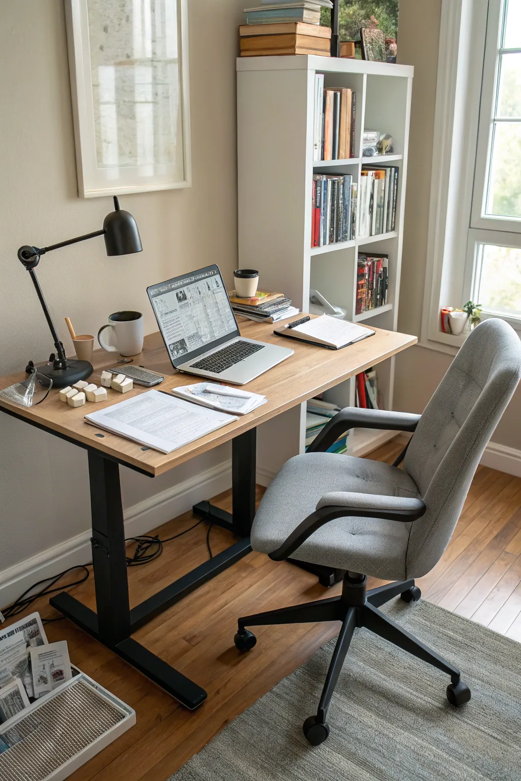 A home office with an ergonomic chair and adjustable desk.